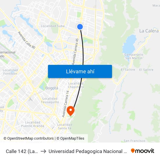 Calle 142 (Lado Norte) to Universidad Pedagogica Nacional Sede Parque Nacional map