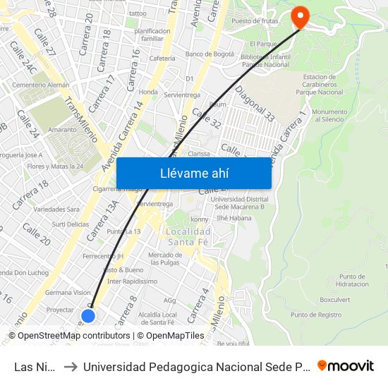 Las Nieves to Universidad Pedagogica Nacional Sede Parque Nacional map