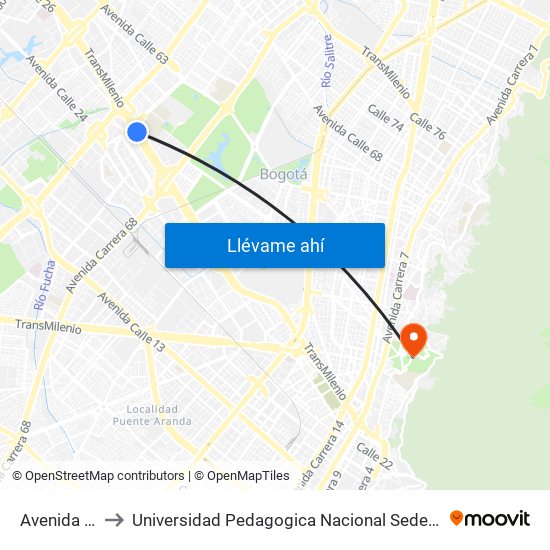 Avenida Rojas to Universidad Pedagogica Nacional Sede Parque Nacional map