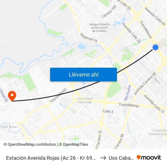 Estación Avenida Rojas (Ac 26 - Kr 69d Bis) (B) to Uss Cabañas map