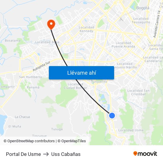 Portal De Usme to Uss Cabañas map