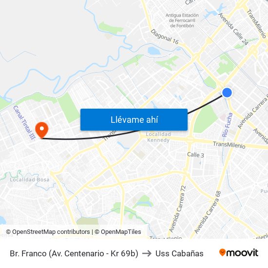 Br. Franco (Av. Centenario - Kr 69b) to Uss Cabañas map