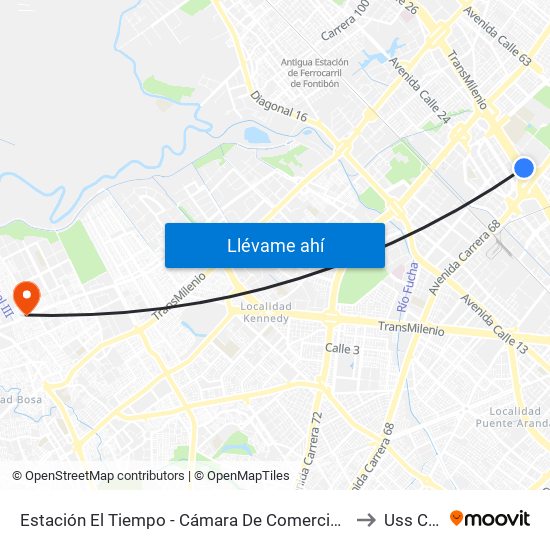 Estación El Tiempo - Cámara De Comercio De Bogotá (Ac 26 - Kr 68b Bis) to Uss Cabañas map