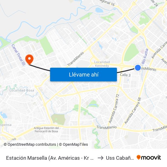 Estación Marsella (Av. Américas - Kr 69b) to Uss Cabañas map