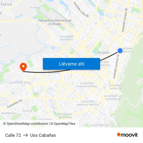 Calle 72 to Uss Cabañas map