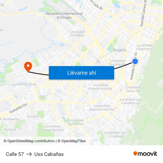 Calle 57 to Uss Cabañas map