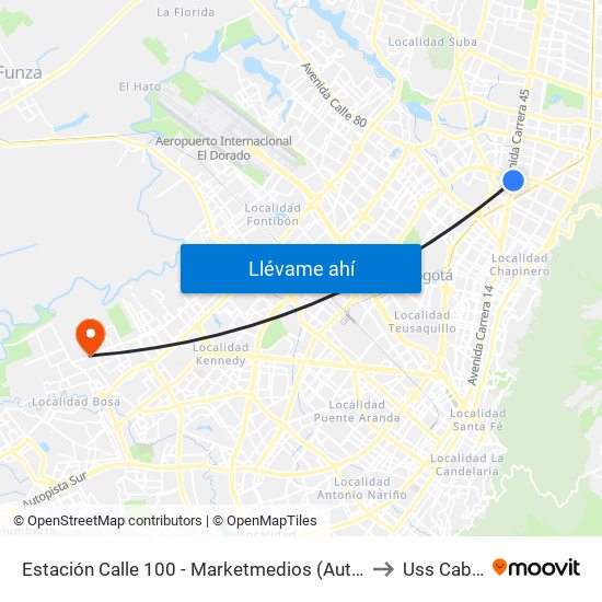 Estación Calle 100 - Marketmedios (Auto Norte - Cl 98) to Uss Cabañas map