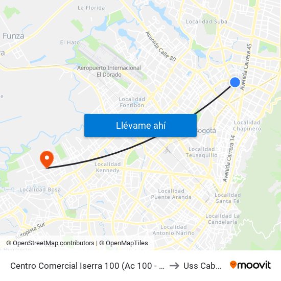 Centro Comercial Iserra 100 (Ac 100 - Kr 54) (B) to Uss Cabañas map