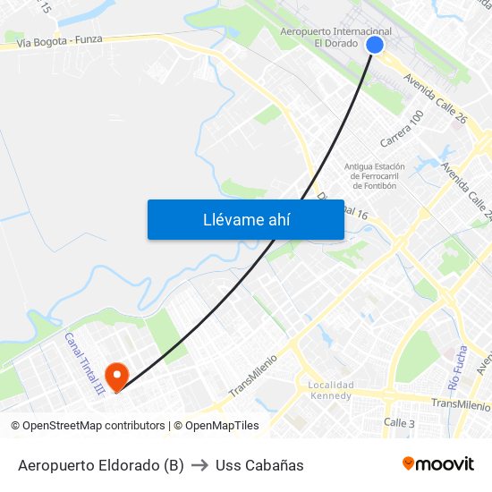Aeropuerto Eldorado (B) to Uss Cabañas map