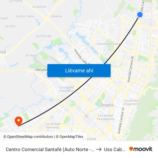 Centro Comercial Santafé (Auto Norte - Cl 187) (B) to Uss Cabañas map