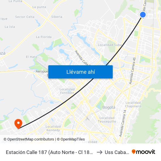 Estación Calle 187 (Auto Norte - Cl 187 Bis) (A) to Uss Cabañas map