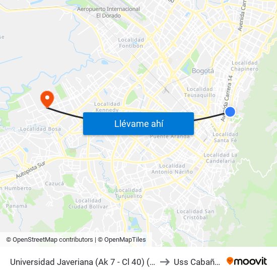 Universidad Javeriana (Ak 7 - Cl 40) (B) to Uss Cabañas map