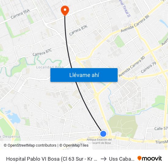 Hospital Pablo VI Bosa (Cl 63 Sur - Kr 77g) (A) to Uss Cabañas map