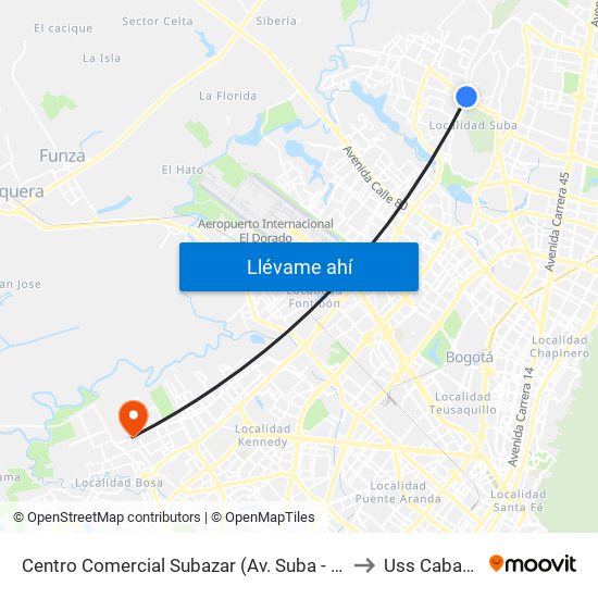 Centro Comercial Subazar (Av. Suba - Kr 91) to Uss Cabañas map