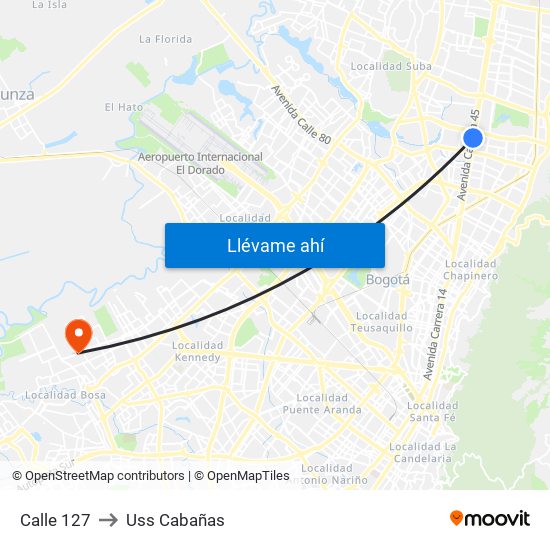 Calle 127 to Uss Cabañas map