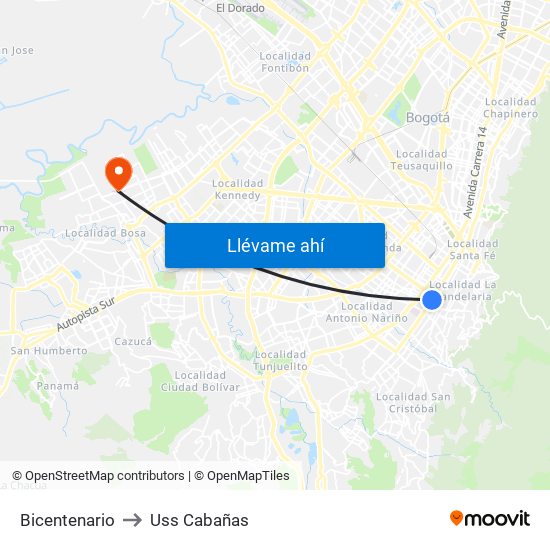 Bicentenario to Uss Cabañas map