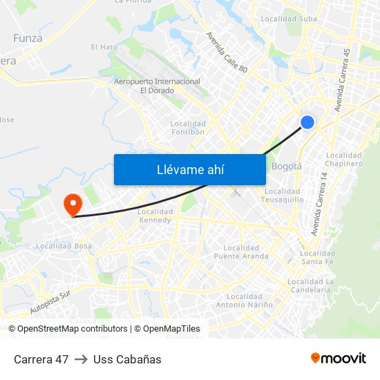 Carrera 47 to Uss Cabañas map