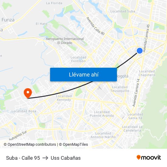 Suba - Calle 95 to Uss Cabañas map