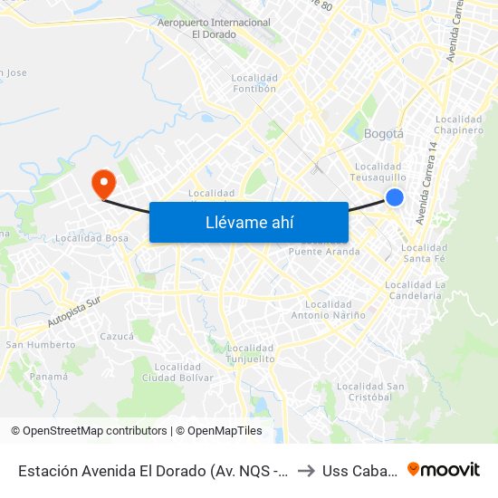 Estación Avenida El Dorado (Av. NQS - Cl 40a) to Uss Cabañas map