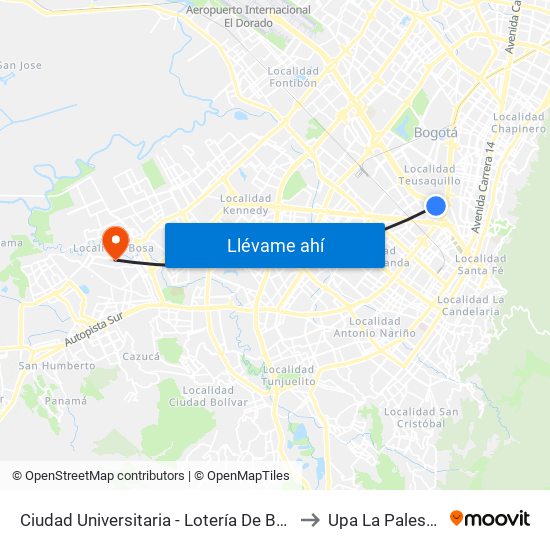 Ciudad Universitaria - Lotería De Bogotá to Upa La Palestina map