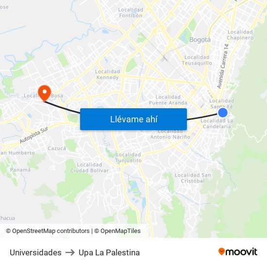 Universidades to Upa La Palestina map