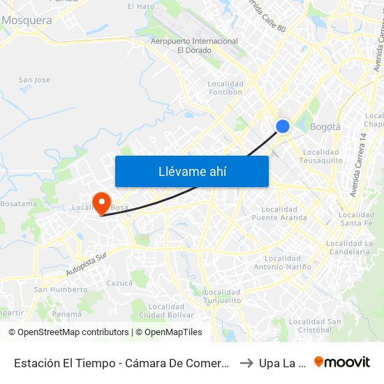 Estación El Tiempo - Cámara De Comercio De Bogotá (Ac 26 - Kr 68b Bis) to Upa La Palestina map