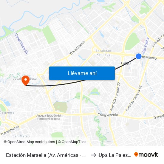 Estación Marsella (Av. Américas - Kr 69b) to Upa La Palestina map