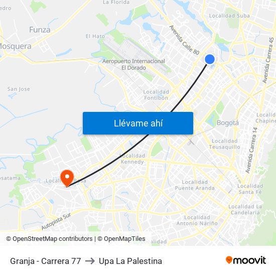 Granja - Carrera 77 to Upa La Palestina map