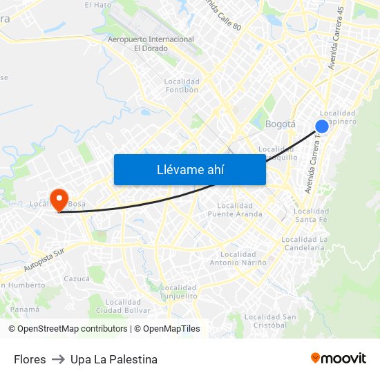 Flores to Upa La Palestina map