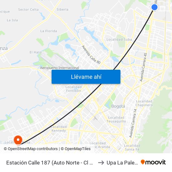 Estación Calle 187 (Auto Norte - Cl 187 Bis) (A) to Upa La Palestina map