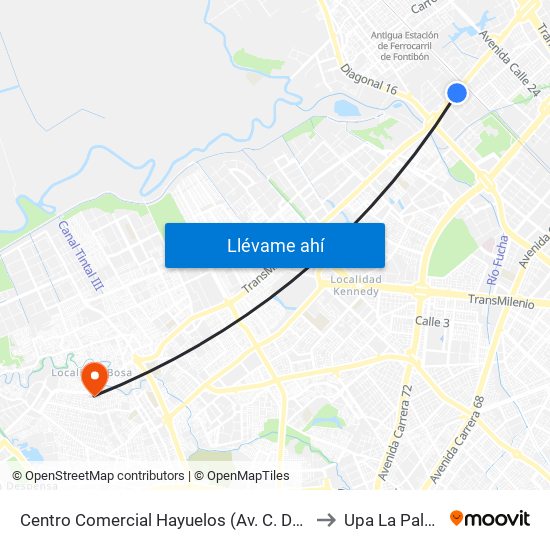 Centro Comercial Hayuelos (Av. C. De Cali - Cl 20) to Upa La Palestina map