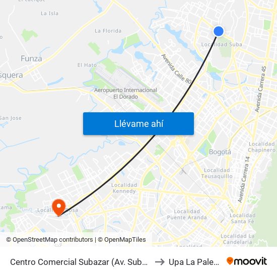 Centro Comercial Subazar (Av. Suba - Kr 91) to Upa La Palestina map