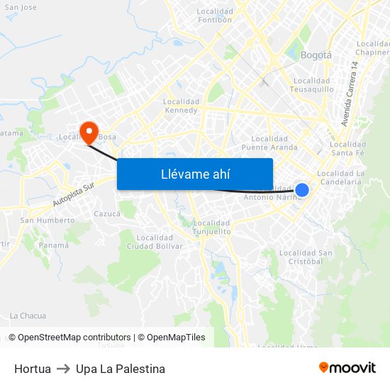 Hortua to Upa La Palestina map