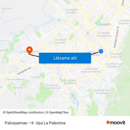 Paloquemao to Upa La Palestina map