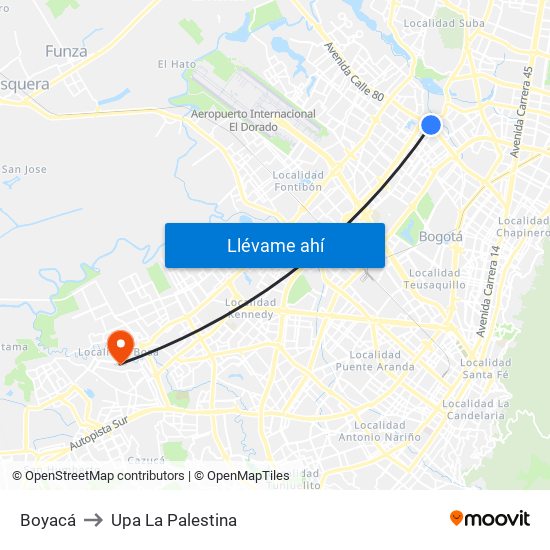 Boyacá to Upa La Palestina map