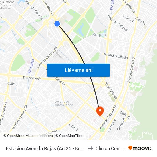 Estación Avenida Rojas (Ac 26 - Kr 69d Bis) (B) to Clínica Centenario map