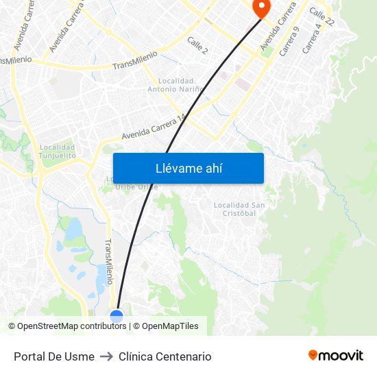 Portal De Usme to Clínica Centenario map