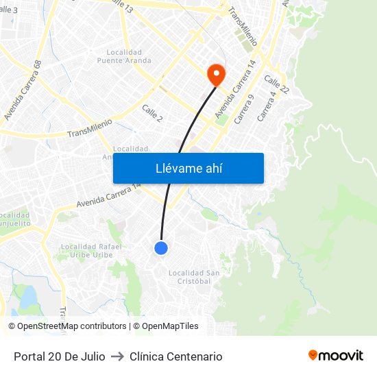 Portal 20 De Julio to Clínica Centenario map