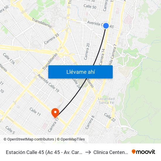 Estación Calle 45 (Ac 45 - Av. Caracas) to Clínica Centenario map