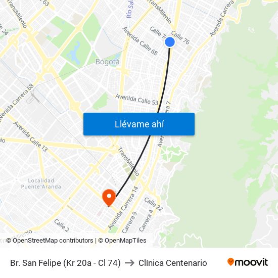 Br. San Felipe (Kr 20a - Cl 74) to Clínica Centenario map