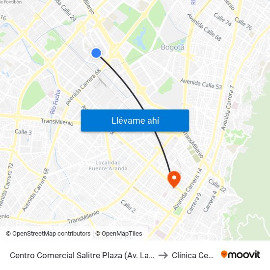 Centro Comercial Salitre Plaza (Av. La Esperanza - Kr 68b) to Clínica Centenario map