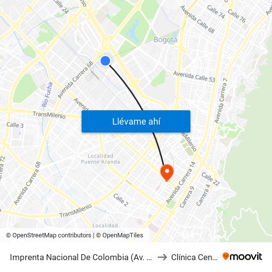 Imprenta Nacional De Colombia (Av. Esperanza - Kr 66) to Clínica Centenario map