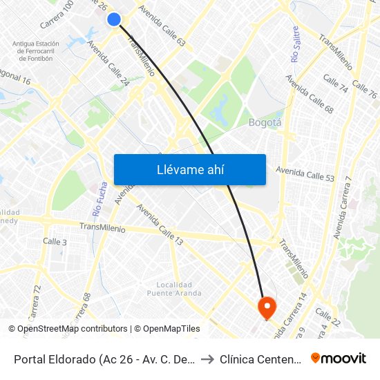 Portal Eldorado (Ac 26 - Av. C. De Cali) to Clínica Centenario map