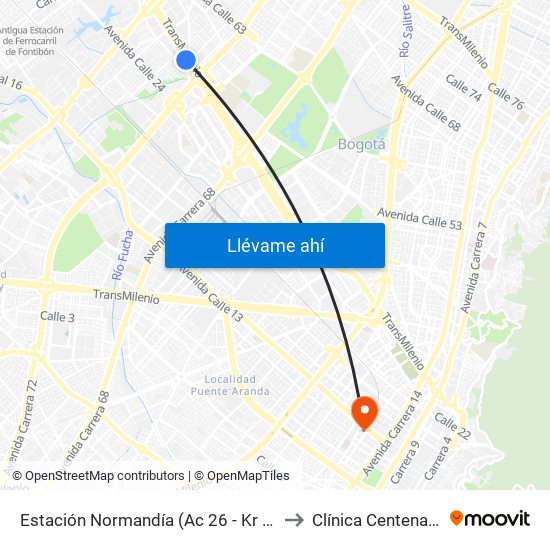 Estación Normandía (Ac 26 - Kr 74) to Clínica Centenario map