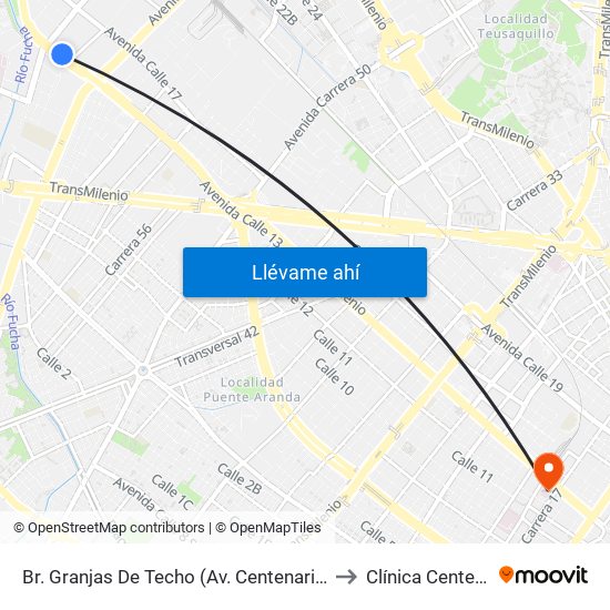 Br. Granjas De Techo (Av. Centenario - Kr 65) to Clínica Centenario map