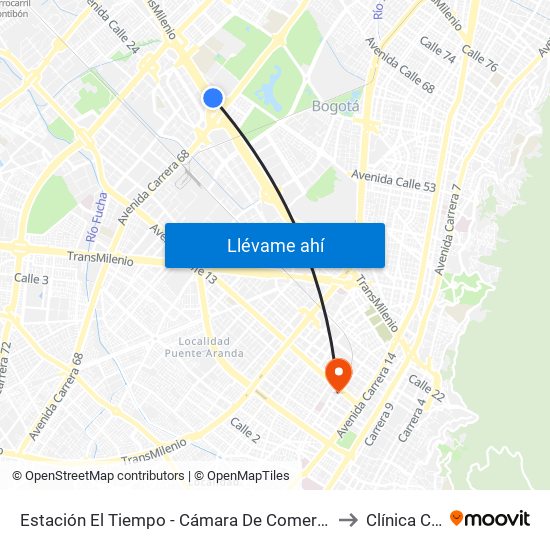 Estación El Tiempo - Cámara De Comercio De Bogotá (Ac 26 - Kr 68b Bis) to Clínica Centenario map