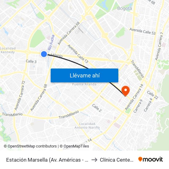 Estación Marsella (Av. Américas - Kr 69b) to Clínica Centenario map