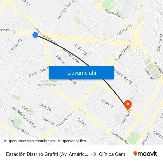 Estación Distrito Grafiti (Av. Américas - Kr 53a) to Clínica Centenario map