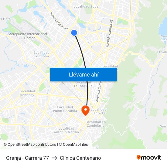Granja - Carrera 77 to Clínica Centenario map