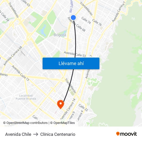 Avenida Chile to Clínica Centenario map